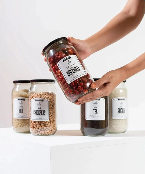 6 (1000 ml) Glass Jars with Wooden Rack and Free 16 waterproof stickers