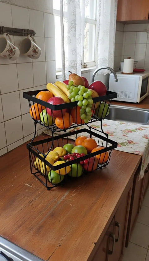 2 Tier Stainless Steel Fruit Basket - Black