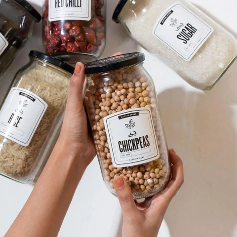 6 (1000 ml) Glass Jars with Wooden Rack and Free 16 waterproof stickers