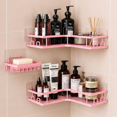Pink No-Drill Corner Shower Caddy Set