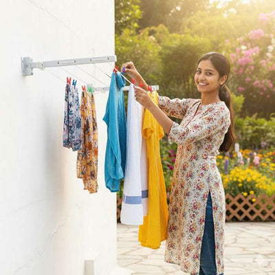 Wall Mounted Foldable Drying Stand. Expand as much as u need With 45 ft Rope. ( Heavy Duty and Rust Free Material)