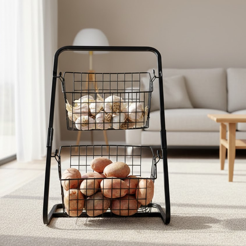 2-Tier Countertop Fruit Basket Stand - Removable Metal Wire Fruit Bowl
