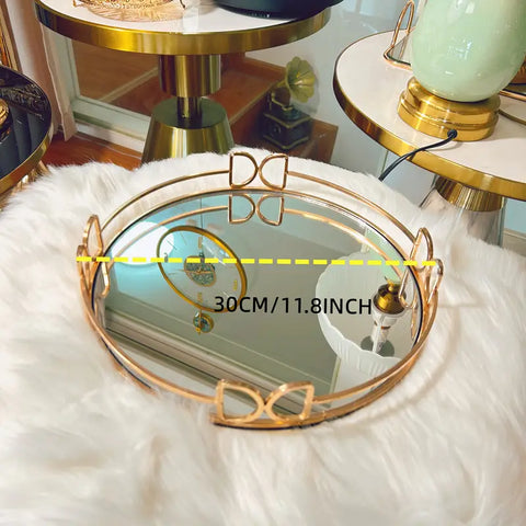 1pc Elegant Round Metal Glass Mirror Tray - Iron Frame with Golden Accents, Reflective Surface Jewelry & Cosmetic Organizer for Vanity,