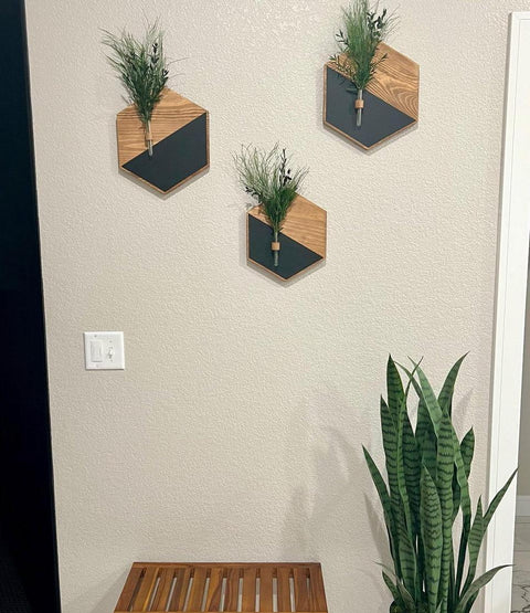 2 Pc Hexagon Wood Frame With Glass Tube ( Plant Not Included)