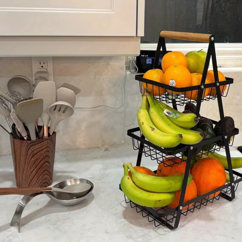 Wooden Handle 3 Tier Basket