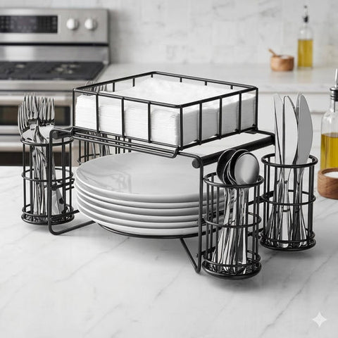 3 in 1 luxury metal Buffet Organizer Plate Cutlery & Napkin Holder