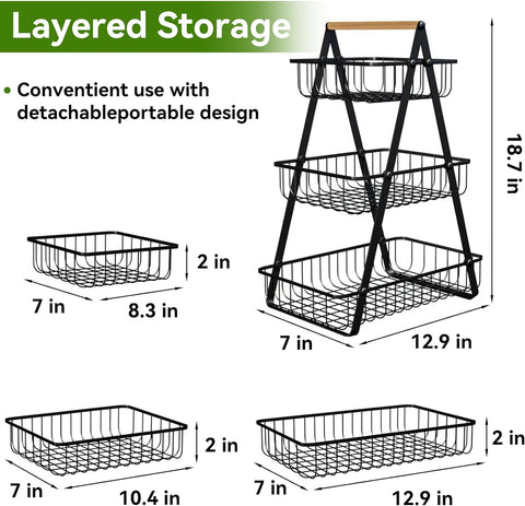 Wooden Handle 3 Tier Basket