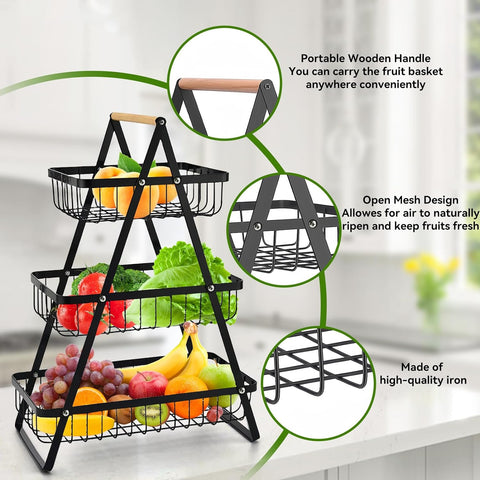 Wooden Handle 3 Tier Basket